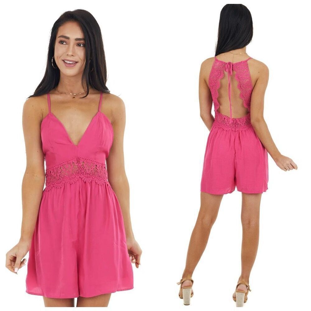 Hot Pink Sleeveless Romper with Lace Peekaboo Waist Detail
